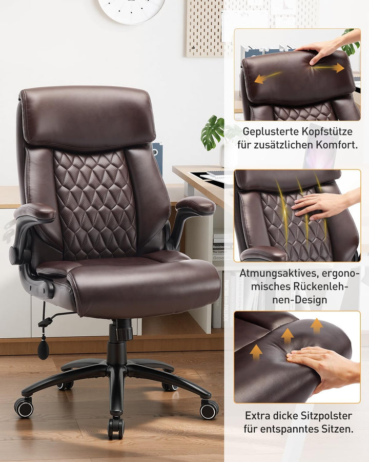 COLAMY Ergonomischer Chefsessel mit Lordosenstütze, gepolsterten Hochklapparmen und Kippverstellung