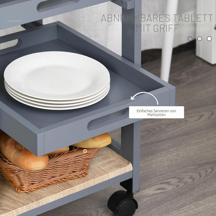 HOMCOM Servierwagen Küchenwagen mit Rollen 2 abnehmbare Tabletts, Schublade, Regal helle Eiche Holz