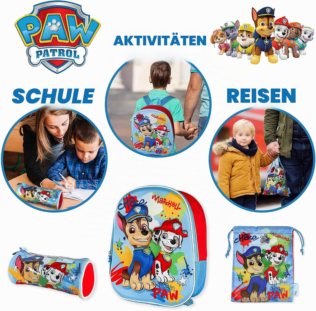 Paw Patrol Kindergartenrucksack Jungen 3D, Turnbeutel und Stiftebox Schulrucksack Jungen und Mädchen