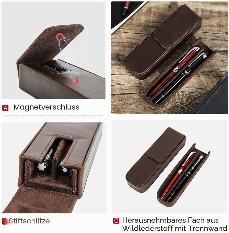 Contacts Herren Echtes Leder Stiftetui, Vintage 2 Stifthalter, Stift Schutzhülle für Reisen, Elegant