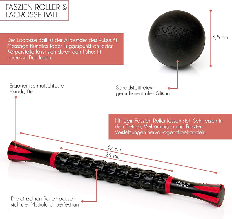 Faszien Set mit Übungsvideo App: Muskelroller, Duoball, Faszienrolle & Lacrosse Ball zum Faszien Tra