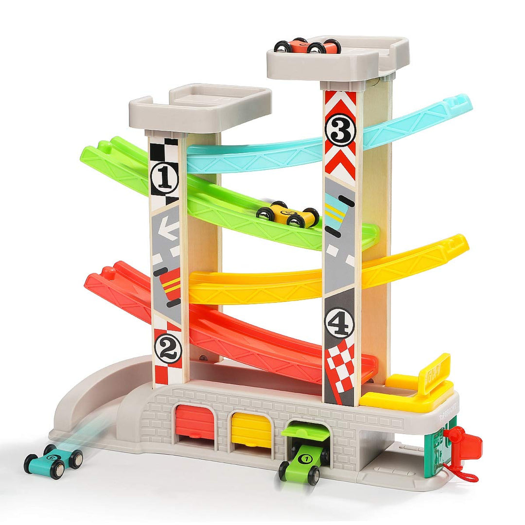 TOP BRIGHT Kugelbahn Autos Holz ab 1 2 Jahr, Auto Rennbahn Holz Spielzeug mit Garage, Holz Kinderspi