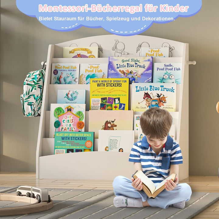 NACHES Kinder Bücherregal mit 5 offenen Fächern und Haken, Kinderregal Holz, Montessori Aufbewahrung