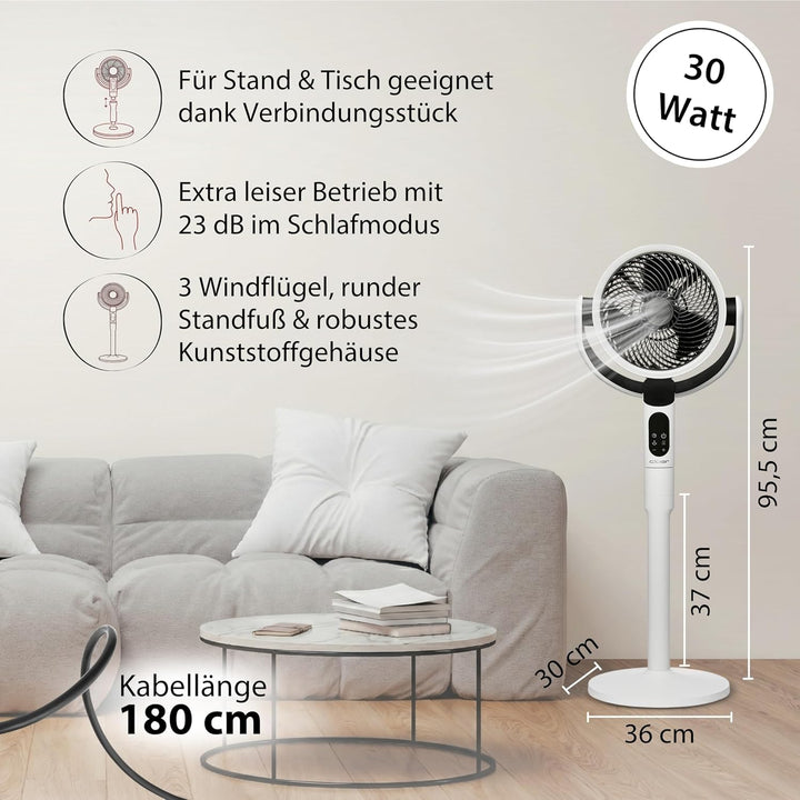 Cloer FA2001 Standventilator & Tischventilator, Weiss | leise, Fernbedienung, 12 Stufen, Schlafmodus