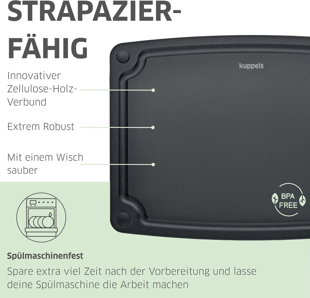 Kuppels NERO Holzfaser Schneidebrett Set 3-teilig, Küchenbretter ohne Plastik mit Saftrille und Sili