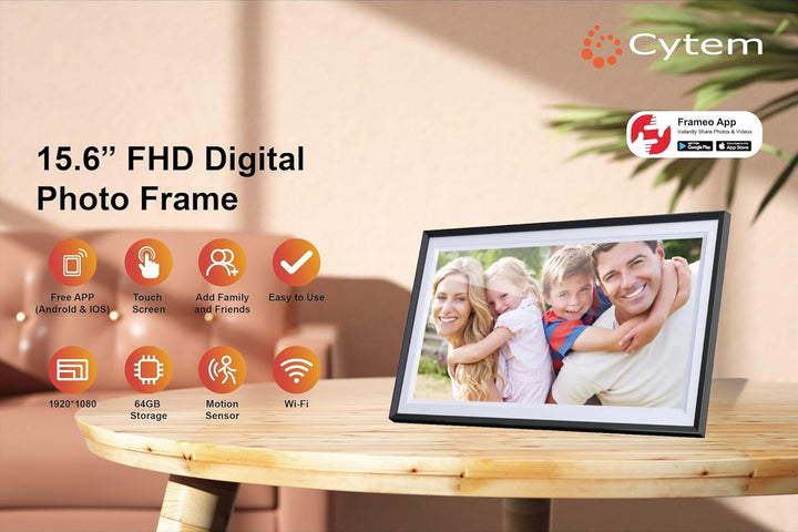 Cytem Digitaler Bilderrahmen 15.6 Zoll mit WLAN & Frameo App, 64GB Speicher, Bewegungssensor, automa