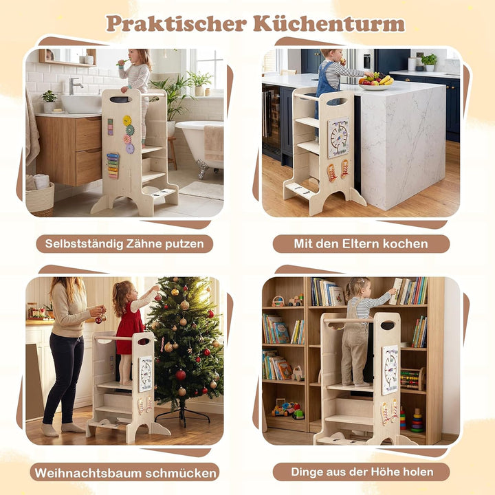 COSTWAY 4 in 1 Lernturm mit Spieltablett, Tritthocker Montessori mit 3 verstellbaren Höhen &amp; Abnehmb