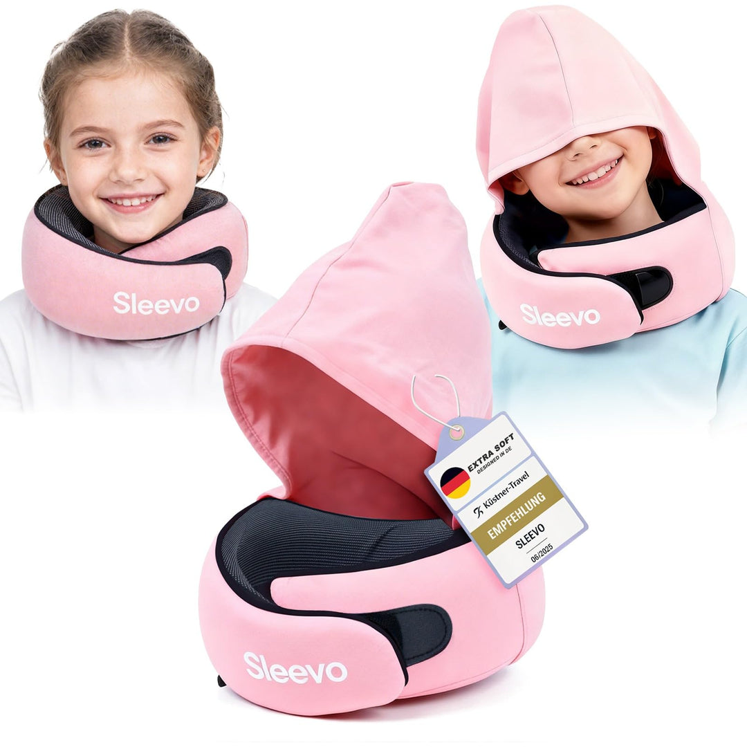 Nackenkissen Flugzeug Kinder mit Kapuze & Memory Foam – Nackenhörnchen & Kopfstütze für Auto – Weich