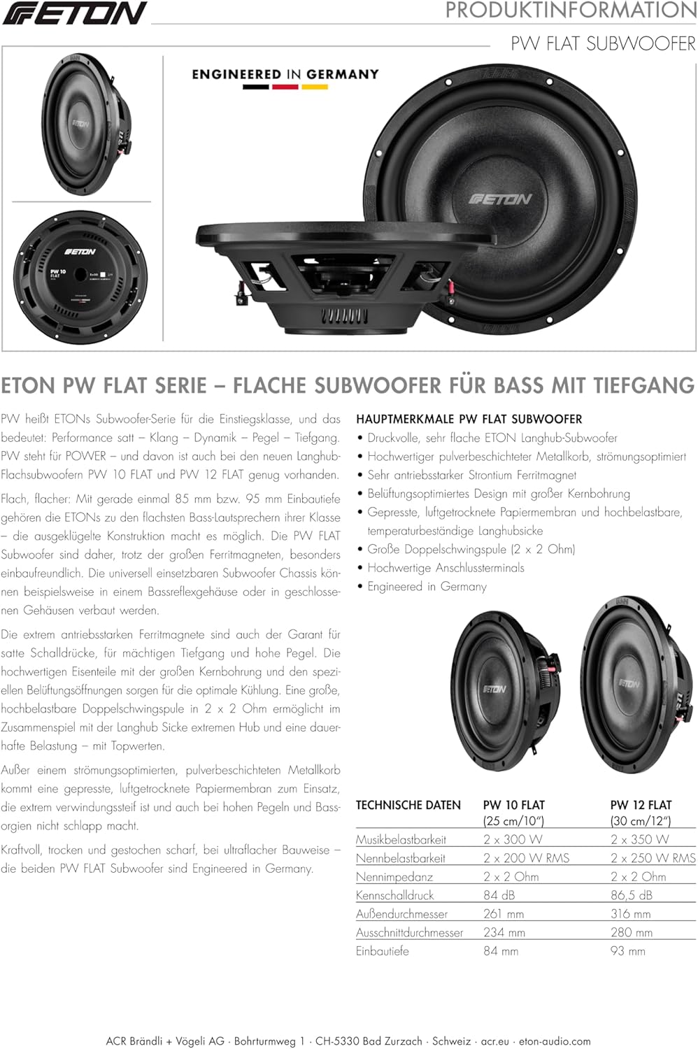 ETON PW 10 Flat – Druckvoller, Flacher 25 cm / 10 Zoll Langhub Subwoofer, Bass fürs Auto, Tiefton La