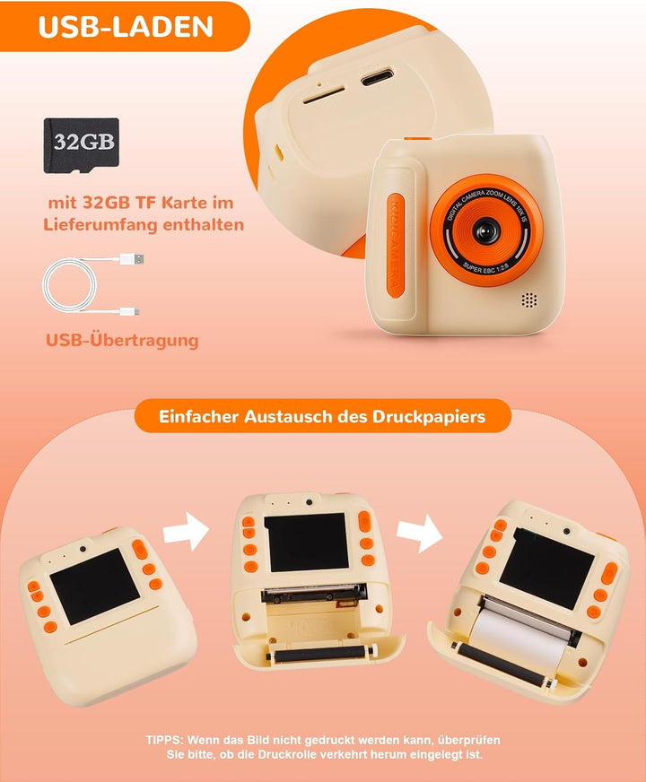 Sofortbildkamera für Kinder, 12 MP/1080P Digitalkamera für Kinder mit 32 G Karte und 3 Papierrollen,