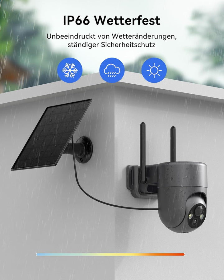 2K Überwachungskamera Aussen Solar WLAN, 2,4 GHz | 360° PTZ Kamera Überwachung Aussen Akku mit PIR-E