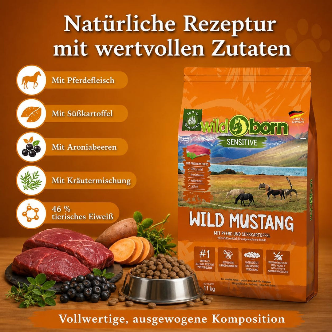 Wildborn Wild Mustang 2 kg getreidefreies Hundefutter mit Pferdefleisch, Süsskartoffel & Aroniabeere