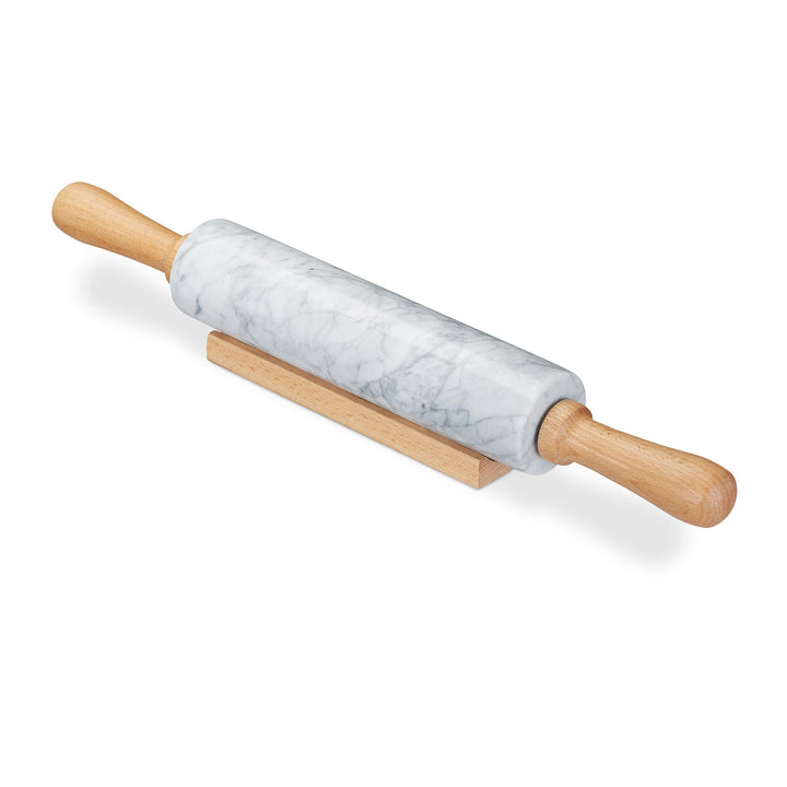 Relaxdays Nudelholz Marmor, Griffe aus Holz, Teigroller zum Kochen & Backen, mit Ablage, 48 cm, schw