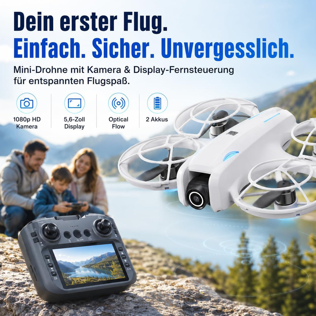 Mini Drohne mit 1080p HD Kamera & WiFi FPV, 5,6" Display Fernsteuerung, Optical Flow Stabilisierung,
