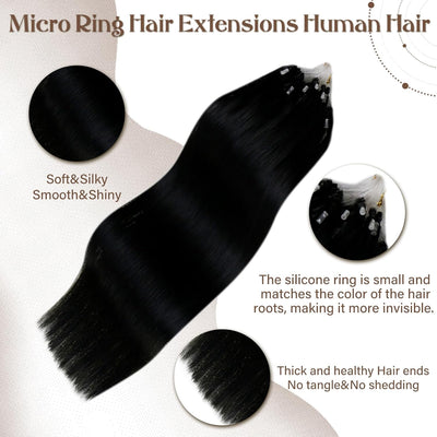 Hetto Microring Extensions Echthaar Schwarz 55CM Haarverlängerung Micro Loop Extensions Remy Extensi