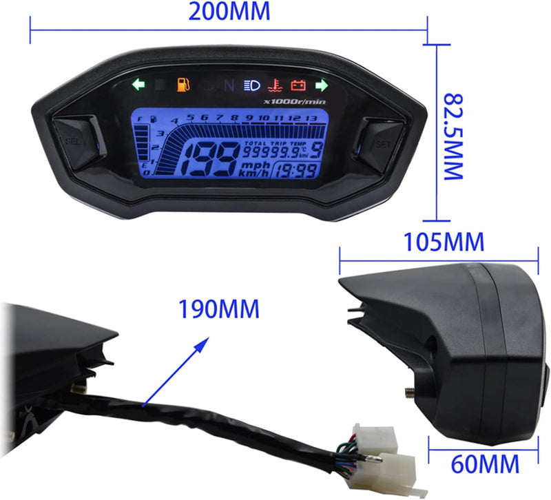 Geloo Motorrad Tachometer Tachometer, 13000 U/min Motorrad Messgerät LED Hintergrundbeleuchtung Digi