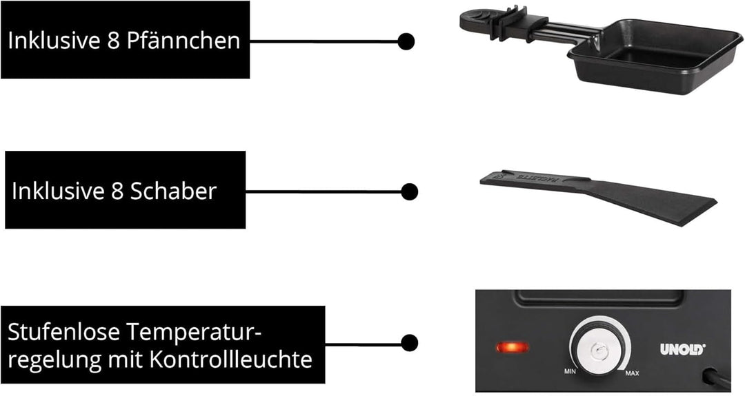 Unold 48730 Raclette Finesse Basic Raclette-Grill für 8 Personen, wendbare Antihaft-Grillplatte, ele