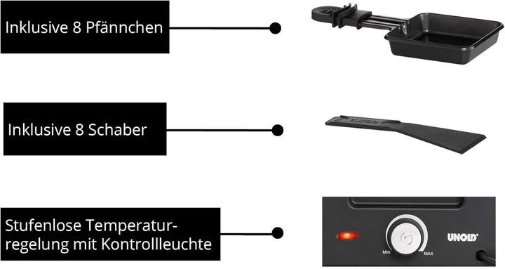 Unold 48730 Raclette Finesse Basic Raclette-Grill für 8 Personen, wendbare Antihaft-Grillplatte, ele