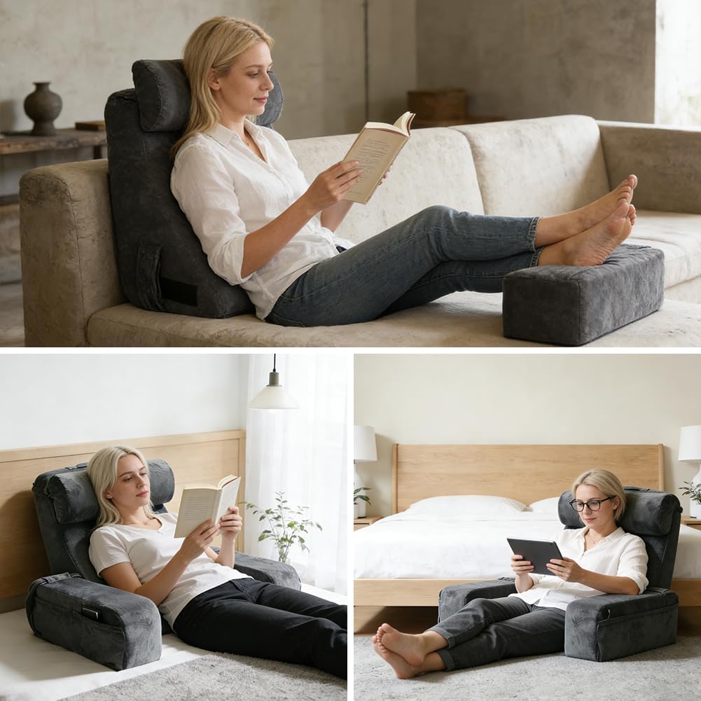 Lesekissen für Bett und Sofa, Gross Lesekissen mit Handlauf Hochdichteschaum, Bücherkissen mit Abneh