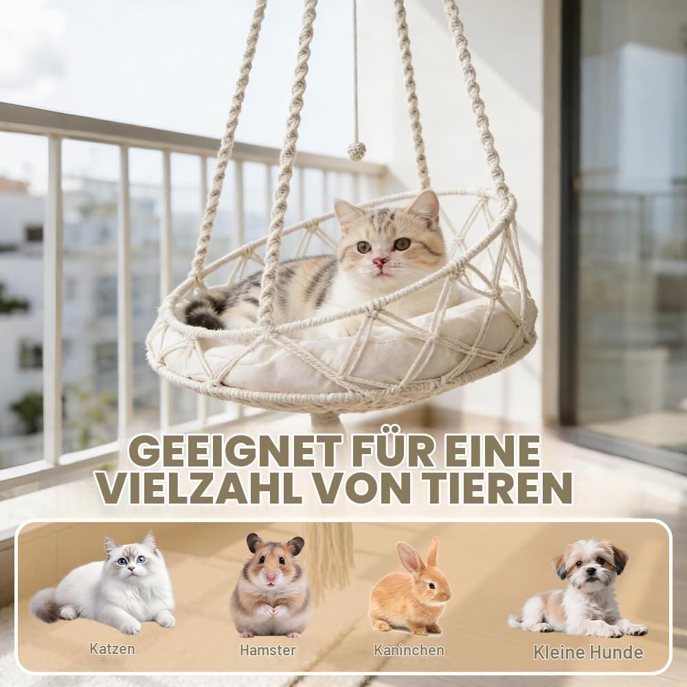 Katzenschaukel, HOVCEH Boho Makramee Katzen Hängematte mit Katzenspielzeug-Stick, 40cm Katzenhängema