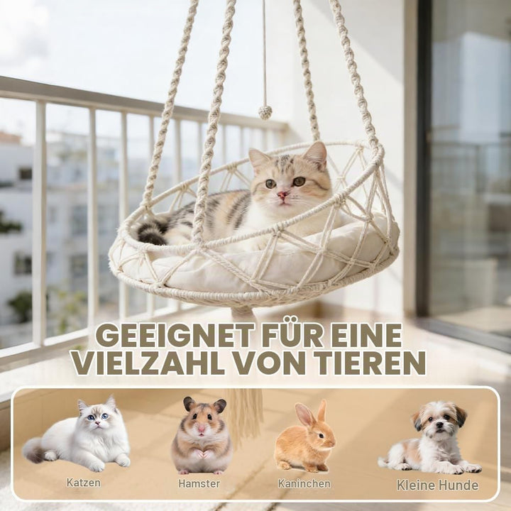 Katzenschaukel, HOVCEH Boho Makramee Katzen Hängematte mit Katzenspielzeug-Stick, 40cm Katzenhängema