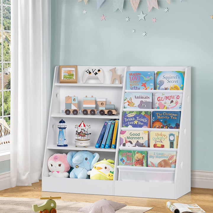 Kinder Bücherregal mit 5 Bücherdisplays und 4 Ablagefächer, Gross Weiss Kinderregal Büchergestell fü