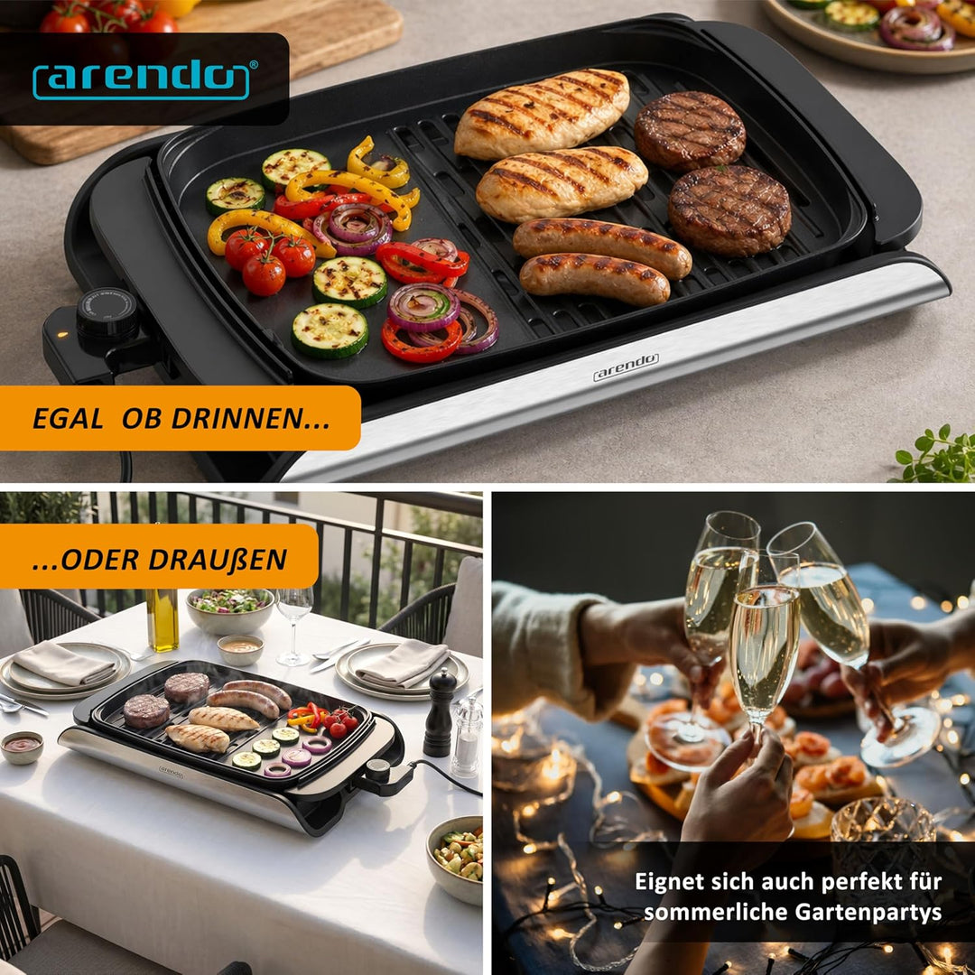 Arendo - Tischgrill Elektrogrill Edelstahl - mit Glasdeckel – extrastark 2000 Watt - Steaks, Würstch