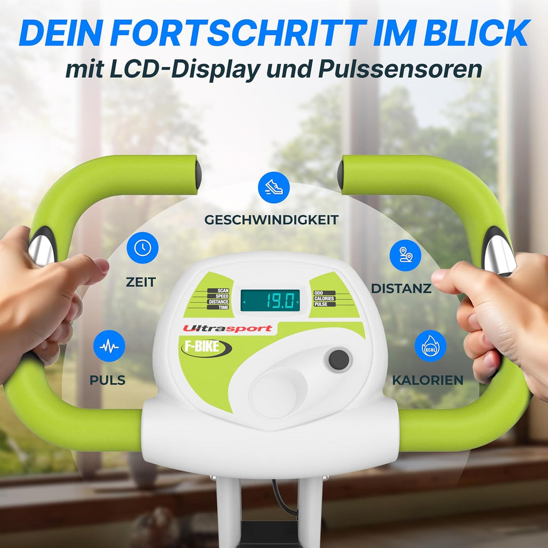Ultrasport F-Bike, Fahrradtrainer, Heimtrainer, klappbarer Hometrainer, LCD Display, opt. Handpulsse