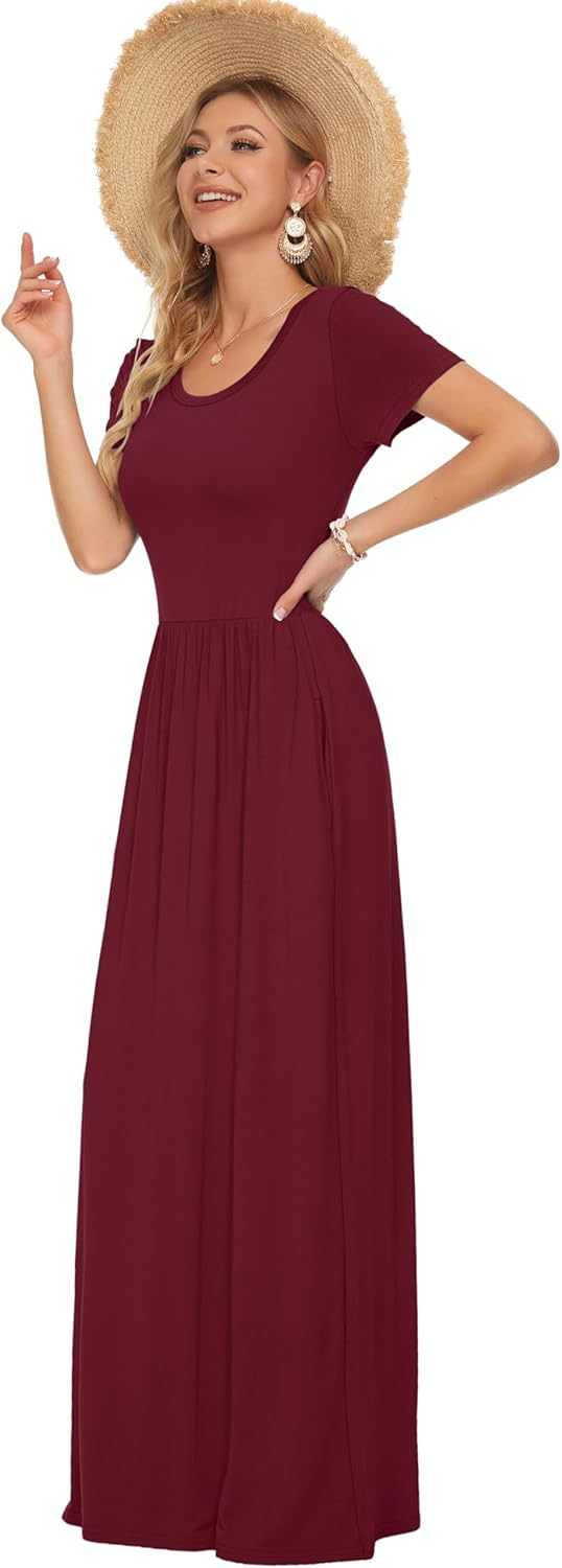 AUSELILY Damen Kurzarm Loose Casual Long Maxi Kleider mit Taschen Wein Rot XL, Wein Rot XL