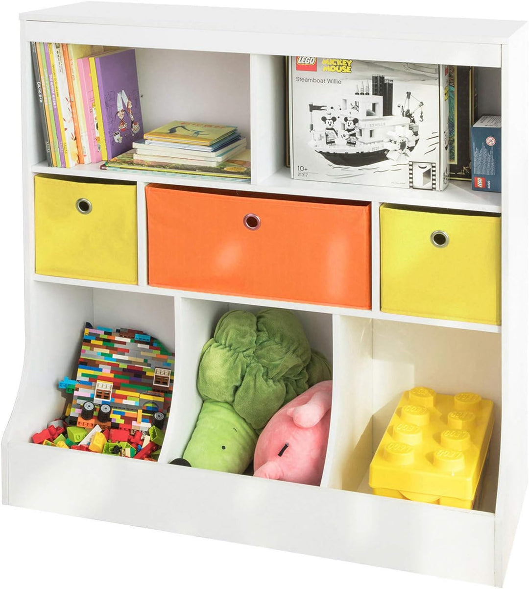 SoBuy KMB26-W Kinder Bücherregal Kinderregal mit 5 Ablagefächern und 3 Stoffboxen Spielzeugregal Auf
