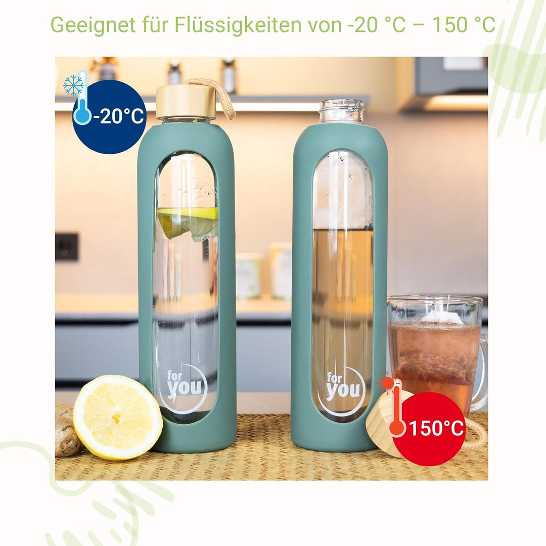 for you Nachhaltige Trinkflasche - 1000ml aus Glas mit Silikonhülle &amp; spülmaschinenfest - 1Liter Aus