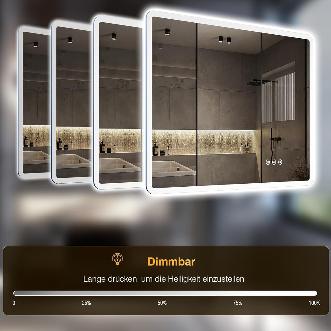 80x60 cm LED Badspiegel mit Beleuchtung – Dimmbare, Antibeschlag, 3 Lichtfarben, IP44, Speicherfunkt