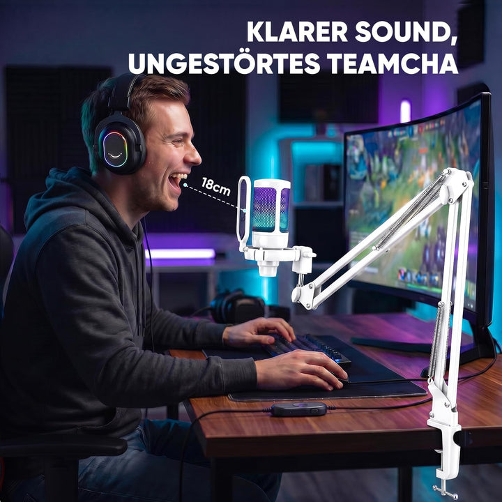 FIFINE USB Mikrofon PC Gaming mit Arm, Typ A/C Microphone Weiss für MAC PS4 PS5 mit Stummschalttaste