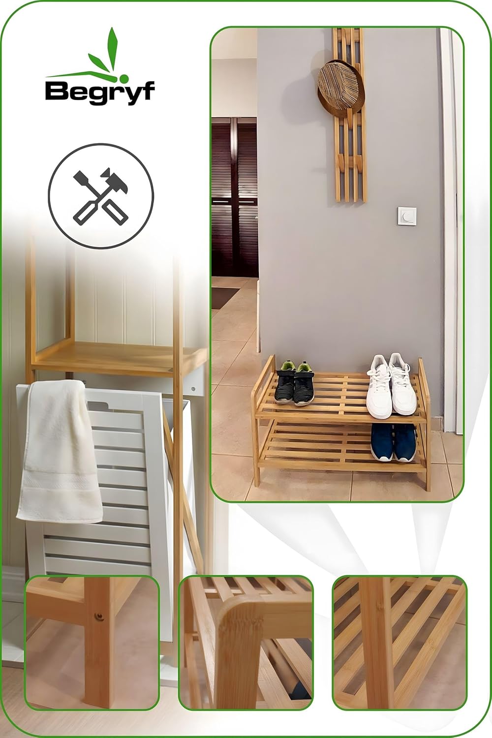 Begryf Bambus Garderobenbank, Dielen- &amp; Flurmöbel, Schuhregal mit Sitzbank, Shoe Cabinet, Schuhbank