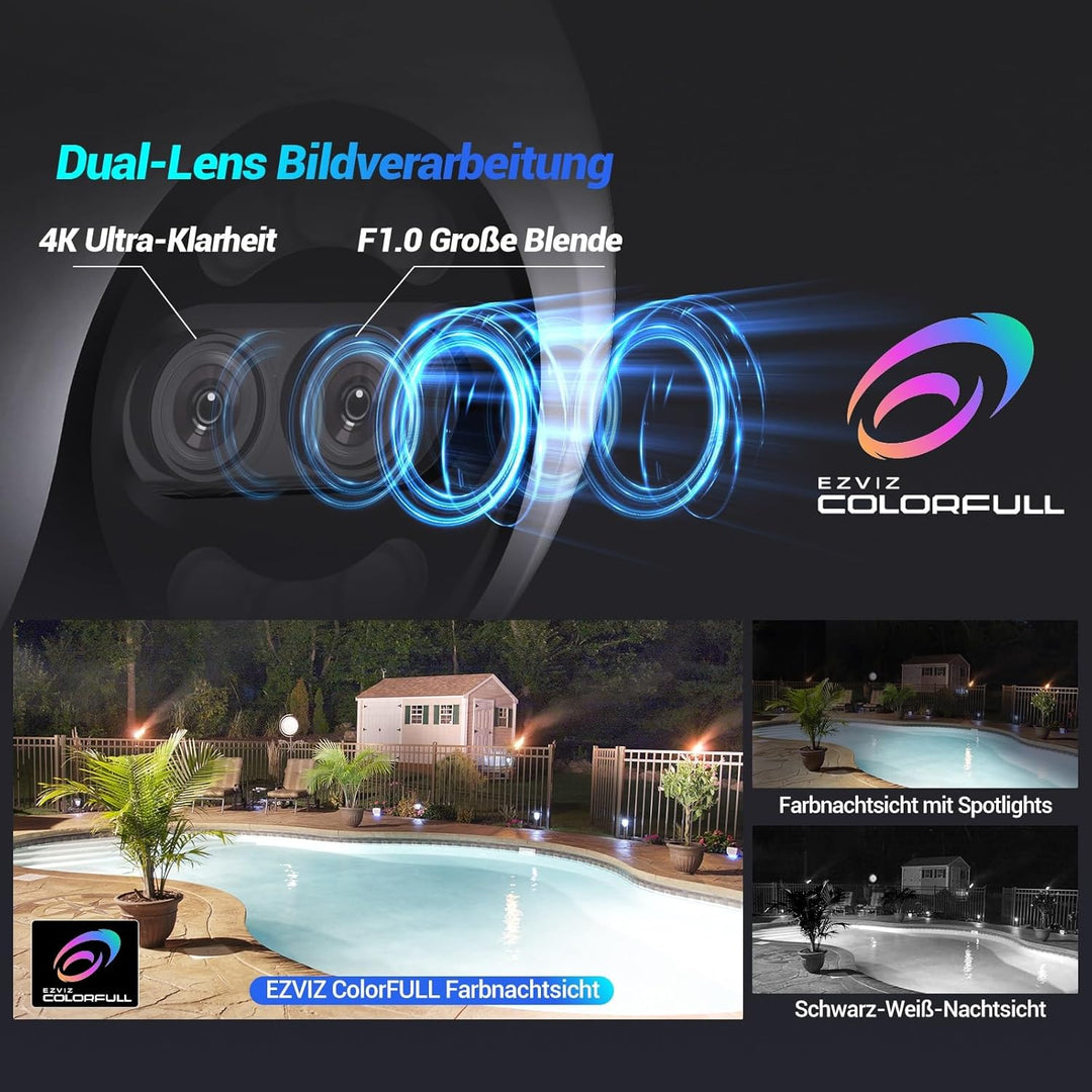 EZVIZ 4K Dual-Lens Kamera Überwachung aussen, PTZ WLAN Kamera mit 30m Farbnachtsicht, KI Personen-/F