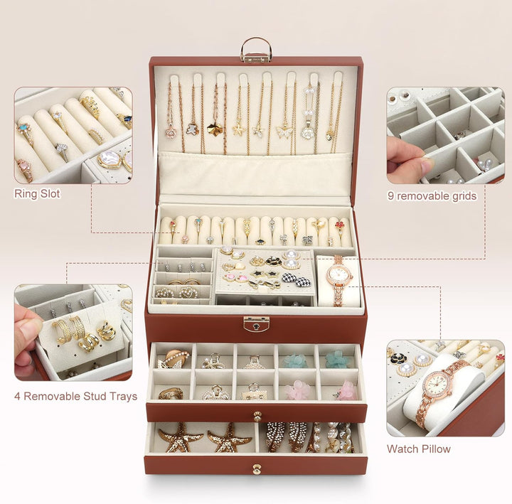 Schmuckkasten, Schmuckkästchen mit 3 Ebenen mit Schubladen, PU-Leder Schmuckbox Schmuckschatulle Gro