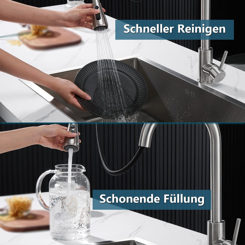 Ulytid Wasserhahn Küche Ausziehbar, Hochdruck Küchenarmatur mit Brause Ausziehbar 3 Modus, Mischbatt