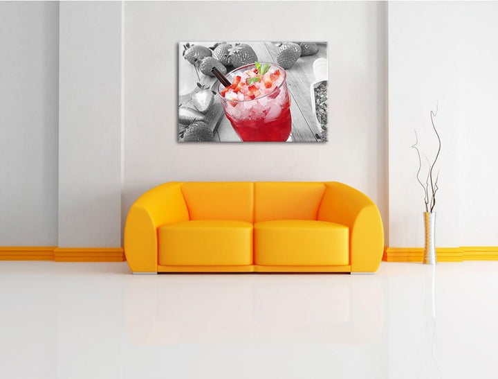 Erdbeercocktail neben Kandiszucker schwarz/weiss Format: 100x70 auf Leinwand, XXL riesige Bilder fer