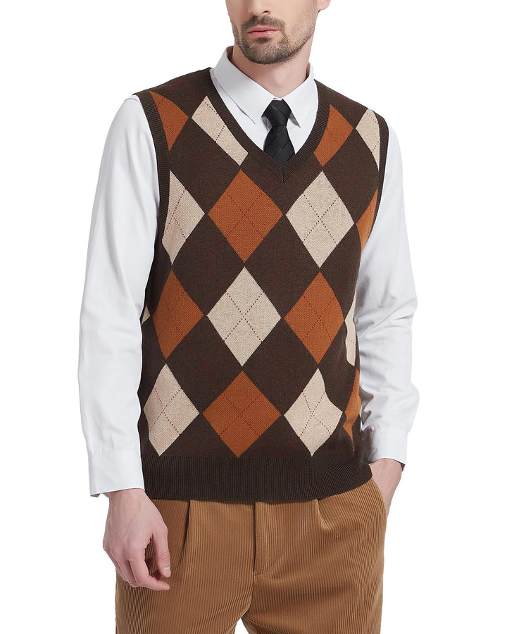 Kallspin Herren Argyle Gestrickt Ärmellos Pullover Wollmischung V-Ausschnitt Strickwesten XXL Braun,