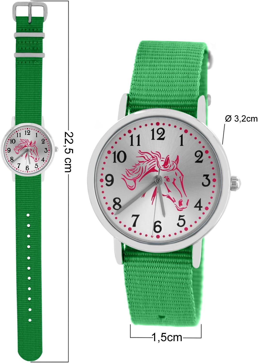 Pacific Time Mädchen Armbanduhr Uhr Pferd Pferdemotiv analog Quarz 2 Textilarmband grau grün 10023