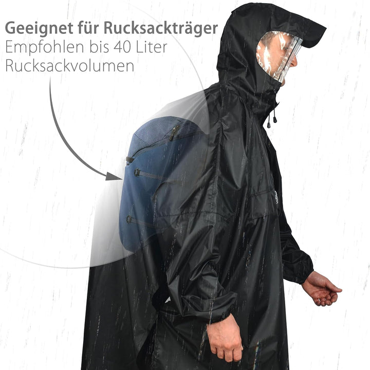 Outdoro Regenponcho mit Ärmeln - Mit Navigations-Fenster in der Brusttasche, Reissverschluss und Sic