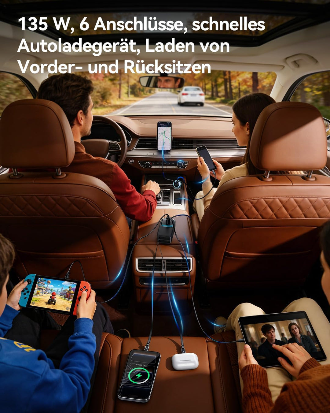 Rocoren 6 IN 1 Zigarettenanzünder USB 135W Auto Ladegerät Einziehbares SchnellLadegerät Adapter, 12V