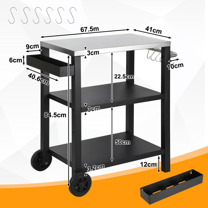 Grillwagen Höhenverstellbar, Grilltisch mit 3 Ablagen, 6 Haken, Griff & Gewürzregal, Outdoorküche Se