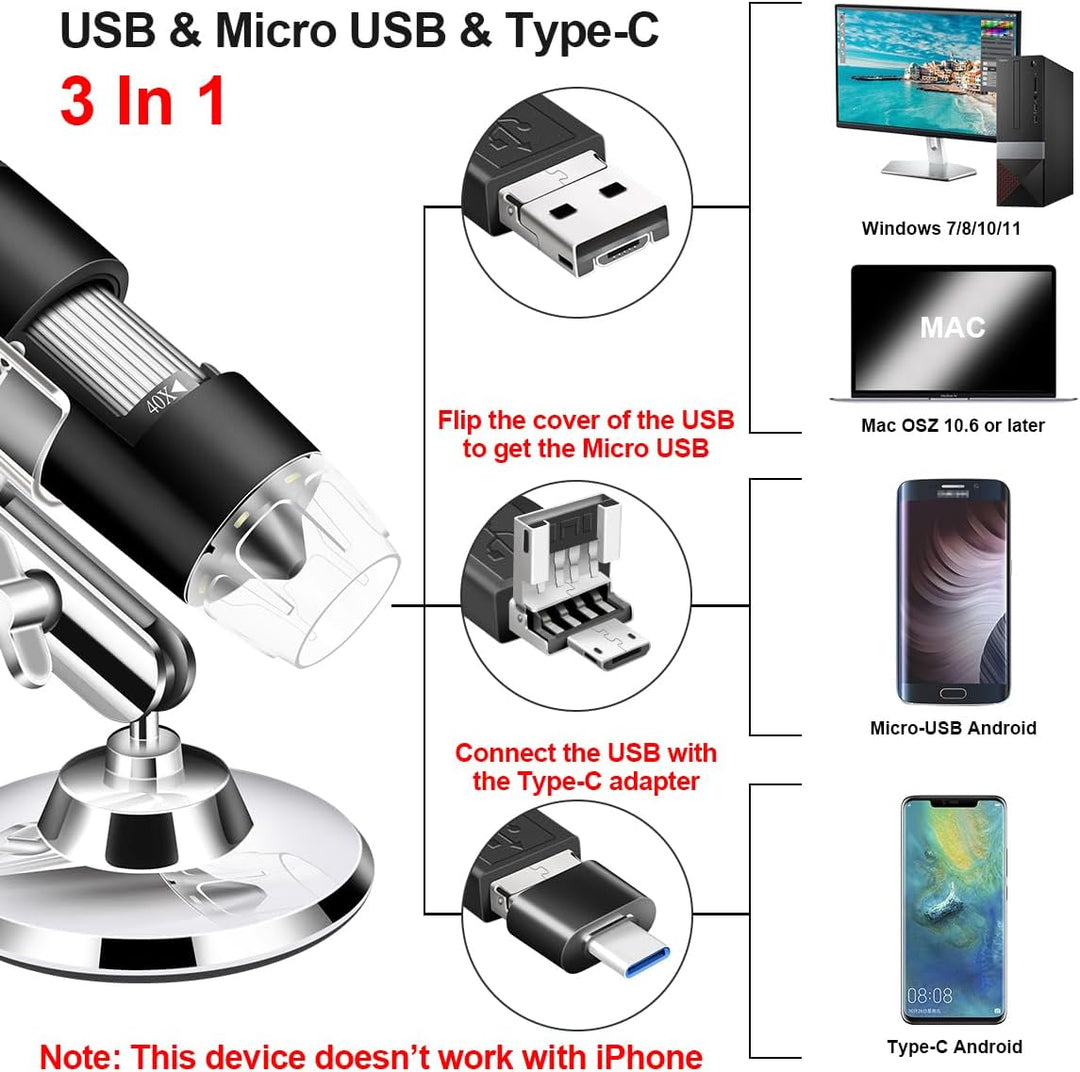 USB-Mikroskop-Kamera, 40x bis 1000x, Digitales Mikroskop mit Metallständer und Tragetasche, Kompatib