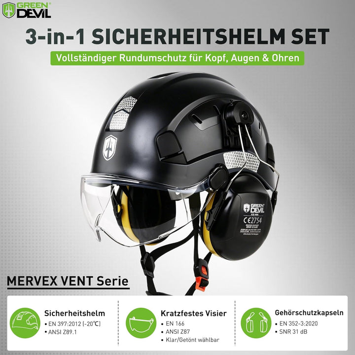 GREEN DEVIL Schutzhelm Arbeitshelm mit klarem Visier und Gehörschutz Ohrenschützer Einstellbarer ABS