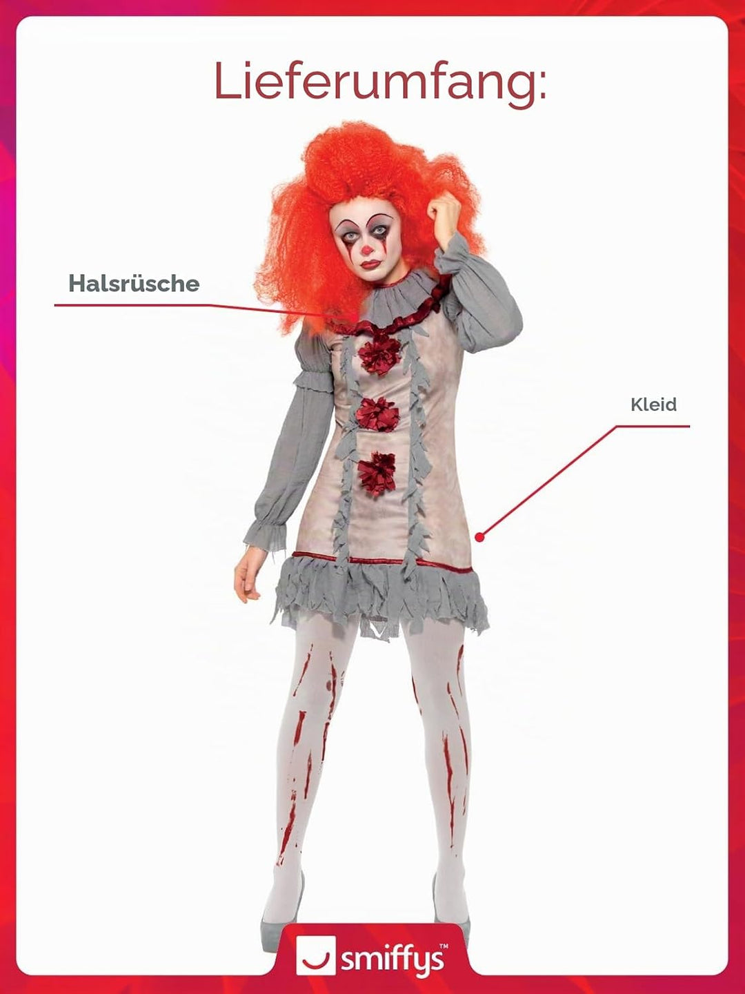 Vintage Clown Lady Costume (S) S - UK Size 08-10 Grau und Rot, S - UK Size 08-10 Grau und Rot