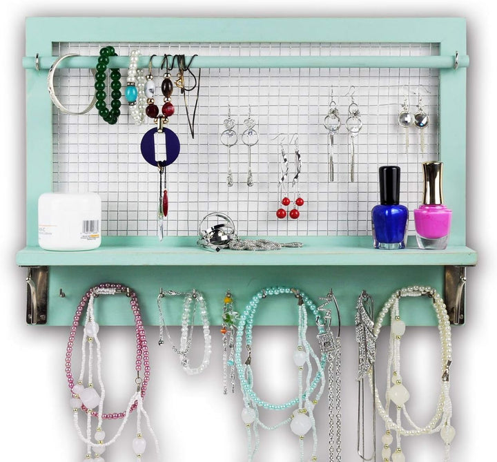 Spiretro Wandhalterung Schmuckaufbewahrung, Holz Schmuck Organizer Halter mit Haken Regal Stange Hän