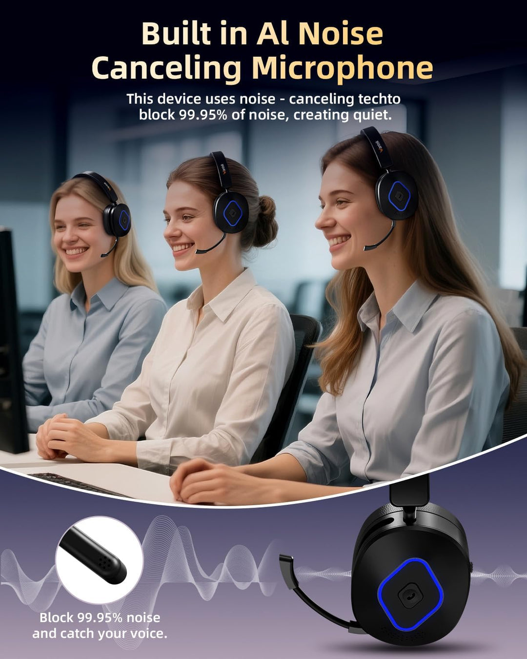 Wantek Bluetooth Headset mit Mikrofon & USB Dongle, Akku 45h+, Wireless Headset PC mit Noise Cancell