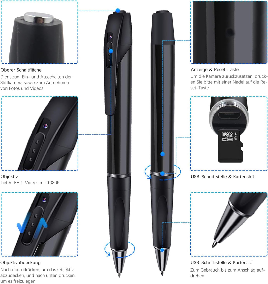 Tragbare Mini Kamera FHD1080P, 2 in 1 Mini Überwachungskamera Für Innen Kamera Stift, Überwachungska