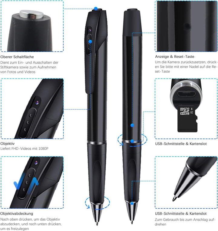 Tragbare Mini Kamera FHD1080P, 2 in 1 Mini Überwachungskamera Für Innen Kamera Stift, Überwachungska